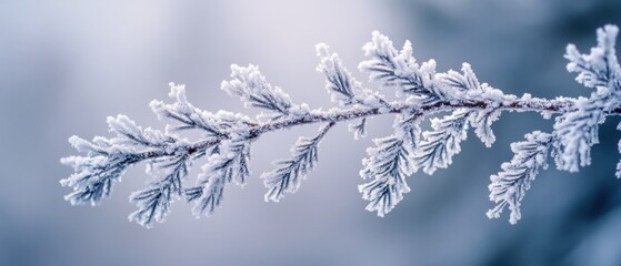 Obraz premium A frosty branch covered in intricate, delicate ice crystals glimmers against a soft, blurred background.