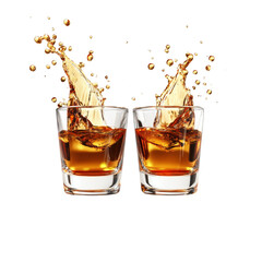 A dynamic image showing two glasses of whiskey with splashing liquid against a black background.