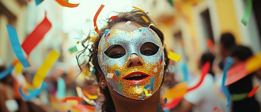 A vibrant carnival mask sparkles amidst colorful confetti, embodying the joy and exuberance of celebration and festive spirit.