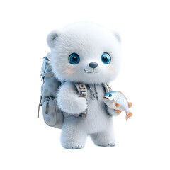 Fluffy 3D Cartoon Backpack with Glowing Zippers Featuring a White Teddy Bear Holding a Fish Isolated on Transparent Background