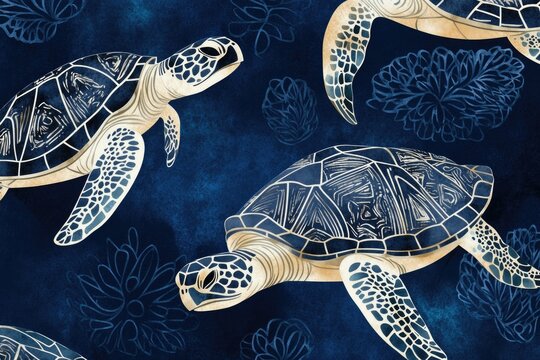 Graceful sea turtles swim against deep blue background, showcasi