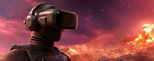 A futuristic scene featuring a person wearing a VR headset against a vibrant, otherworldly background of fiery colors and celestial elements.