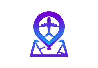 Pin and airplane logo vector template. Travel, technology, transportation logo.