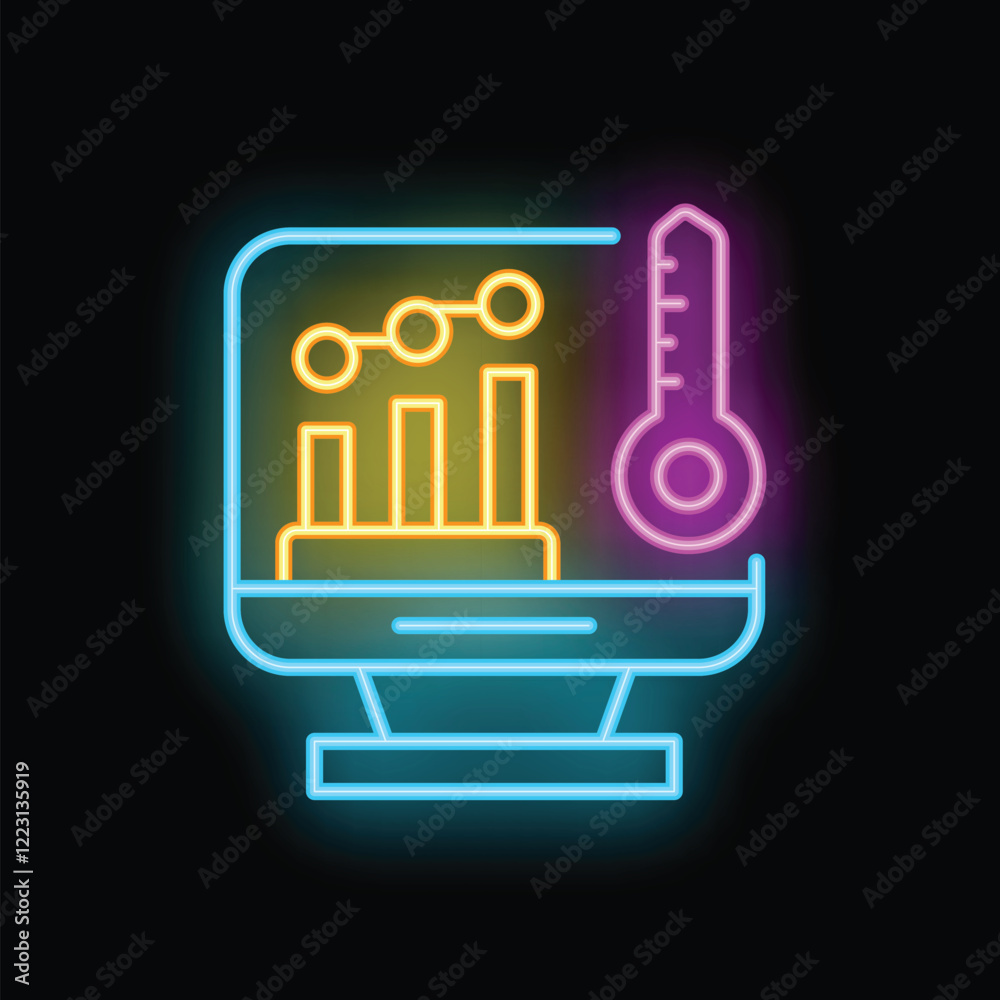 Poster neon sign of a computer screen displaying a growing chart and a thermometer, representing performanc