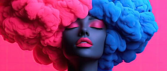 Naklejka premium A vibrant portrait of a mannequin with colorful cloud-like hair, blending pink and blue hues against a bold pink background.
