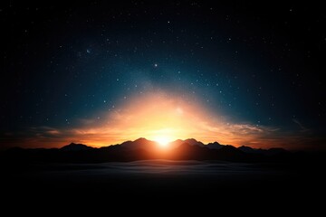 Breathtaking sunrise over mountain range with starry sky and serene landscape in foreground
