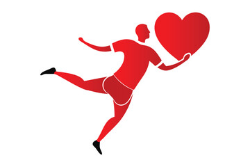 A high-energy vector image of a soccer player kicking a red heart into the air in a dynamic pose, perfect for sports, love, and action-themed designs. Clean white background, modern style