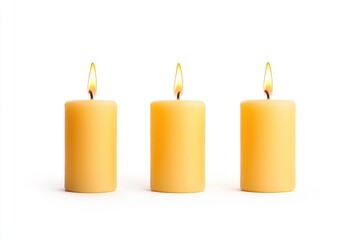 Three lit yellow candles arranged symmetrically on a white background, creating a serene atmosphere