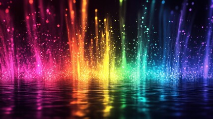 A vibrant display of colorful light reflections resembling a fountain in a dark setting.