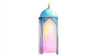 Colorful watercolor lantern with intricate design, glowing softly, set against a white background