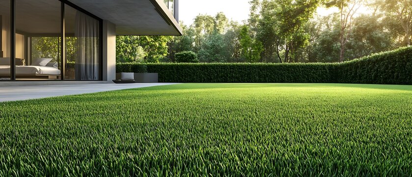 3D rendering of a modern home that includes a concrete terrace next to an empty grassy expanse, emphasizing a rich green lawn.