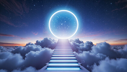 Starlit staircase leading to glowing portal above clouds, cosmic journey