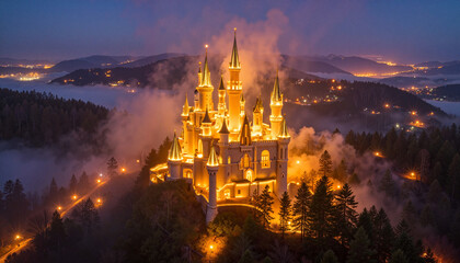 Fototapeta premium Glowing castle in misty forest at twilight, magical enchantment