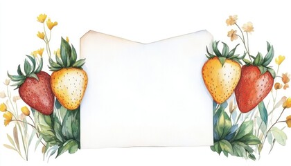 Colorful watercolor illustration of strawberries and flowers framing a blank space for text