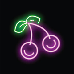 Glowing neon sign representing two cherries with a green leaf, on a black background