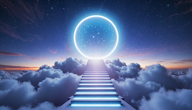 Starlit staircase leading to glowing portal above clouds, cosmic journey