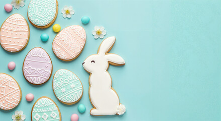 Festive easter cookies with a bunny and pastel eggs on a light blue surface