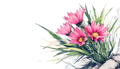 Vibrant pink flowers blooming from rocky terrain, showcasing nature's resilience and beauty