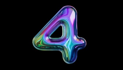 4 iridescent number four,  isolated on black background - neon glowing number - birthday  party number design