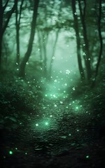 A serene, misty forest on St. Patrick's Day, with tiny glowing shamrocks floating in the air, casting an enchanting green glow over the path