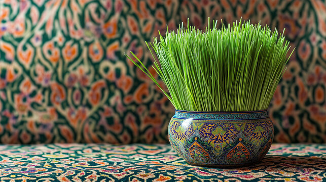 Nowruz grass in a pot with persian pattern in background - ai generative