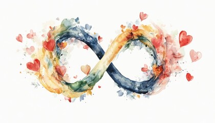 Colorful infinity symbol surrounded by vibrant hearts, representing love and unity in a whimsical style