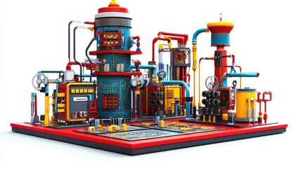 Fototapeta premium Colorful industrial machinery setup with pipes, tanks, and control panels in a modern environment