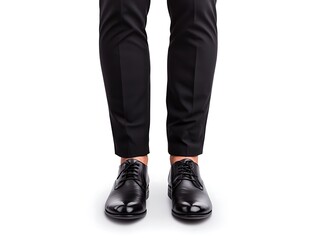 A pair of polished black dress shoes worn with tailored black pants, showcasing a sleek and formal style perfect for business or elegant occasions.
