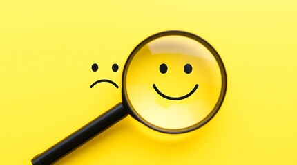 Searching for Positivity &ndash; Customer Service Satisfaction Feedback Concept with Magnifying Glass Over Smiley Face
