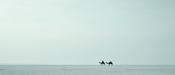 Fototapeta premium Distant figures on horseback traverse a vast, barren landscape under a pale sky, evoking a sense of solitude and timeless adventure.