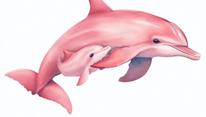 A mother dolphin swimming gracefully with her calf in a serene ocean setting