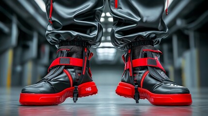 Futuristic boots, urban setting, red accents,  industrial background, fashion photography