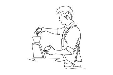 Barista making coffee concept. Single line draw design vector graphic illustration.