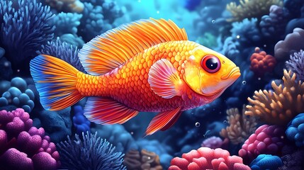 Fototapeta premium Vibrant Orange Fish Swimming Amidst Coral Reef