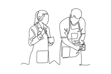 Barista making coffee concept. Single line draw design vector graphic illustration.