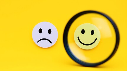 Searching for Positivity – Customer Service Satisfaction Feedback Concept with Magnifying Glass Over Smiley Face