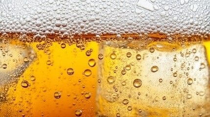 Close up of Sparkling Golden Beverage with Ice Cubes and Bubbles