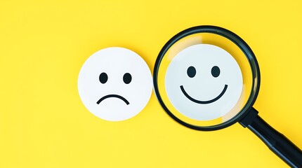 Searching for Positivity – Customer Service Satisfaction Feedback Concept with Magnifying Glass Over Smiley Face