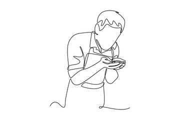 Barista making coffee concept. Single line draw design vector graphic illustration.