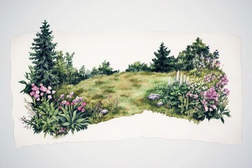 Fototapeta premium Lush garden scene with vibrant flowers and greenery under a clear sky, ideal for nature themes