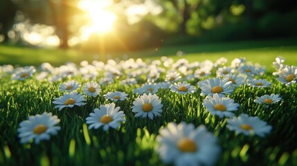 A vibrant field of daisies blooming under the warm sunlight in a serene park setting