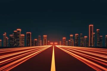 Fototapeta premium A vibrant city skyline illuminated at night, with a long, glowing road leading toward it, creating a sense of movement and energy.