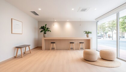 Modern minimalist interior of a bright, airy cafe with natural light and simple decor