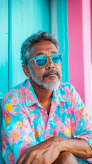 Obraz premium Portrait of a Man Wearing Sunglasses and a Floral Shirt Against a Colorful Wall