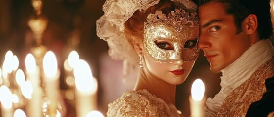 A captivating masked couple poised elegantly, surrounded by the warm glow of candles, embodying timeless charm and mystery in a grand setting.