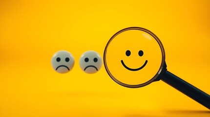 Searching for Positivity – Customer Service Satisfaction Feedback Concept with Magnifying Glass Over Smiley Face