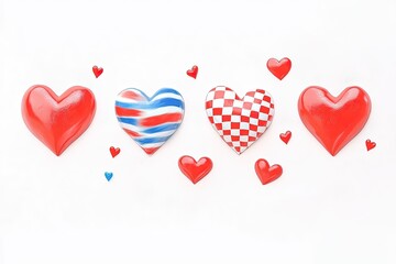 Colorful decorative hearts in various designs and patterns arranged on a white background