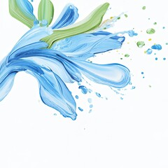 Abstract floral design featuring blue and green brush strokes against a white background