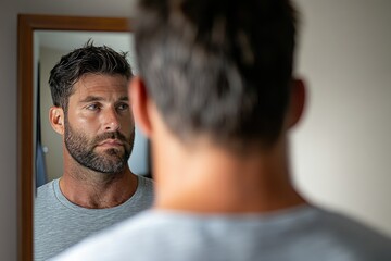 Fototapeta premium A thoughtful man gazes at his reflection in a mirror, capturing a moment of self-reflection that evokes curiosity and contemplation of personal growth.