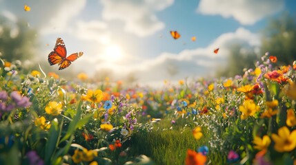 Obraz premium A vibrant meadow on the first day of spring, with colorful wildflowers blooming, butterflies fluttering, and the sun shining brightly over the fresh green grass